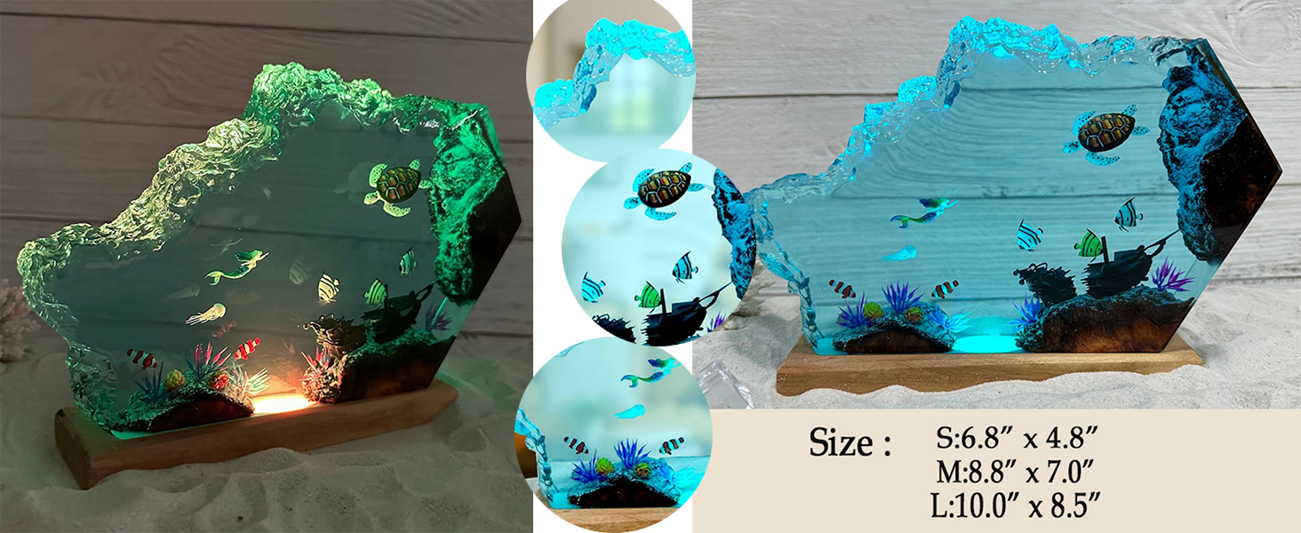 Ocean Creative Epoxy Resin Wood Light Lamp, Handmade Multi Color Deep