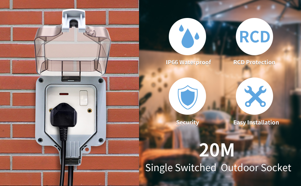 Outdoor Waterproof Extension Lead 1 Gang 20M Extra Long Extension Cord