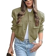 Lumister Women's Fashion Cropped Button Down Lightweight Cropped Bomber Jacket Varsity Shacket wi...