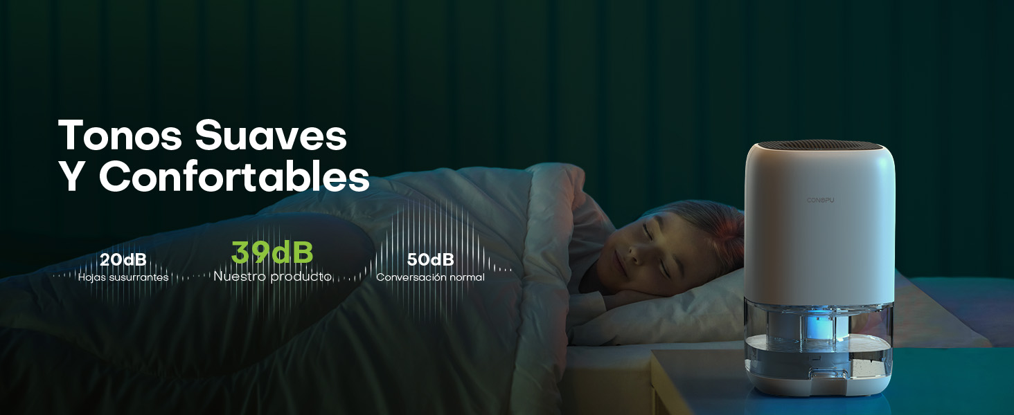 Smart speaker or audio device in gray color shown in dark setting with text overlay and sound wave visualization graphics.