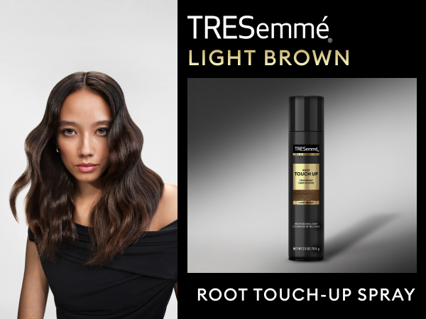 Woman with wavy dark hair, next to a TRESemmé spray bottle on a gray gradient background.