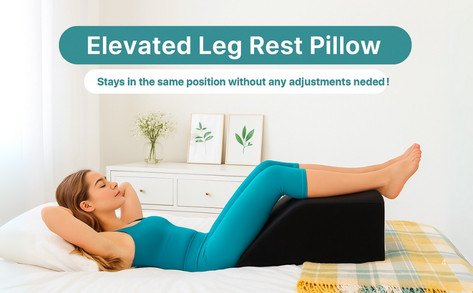 Text reads 'Elevated Leg Rest Pillow'. Product photo shows person lying on back using blue leg elevation pillow in bedroom setting with wall art.
