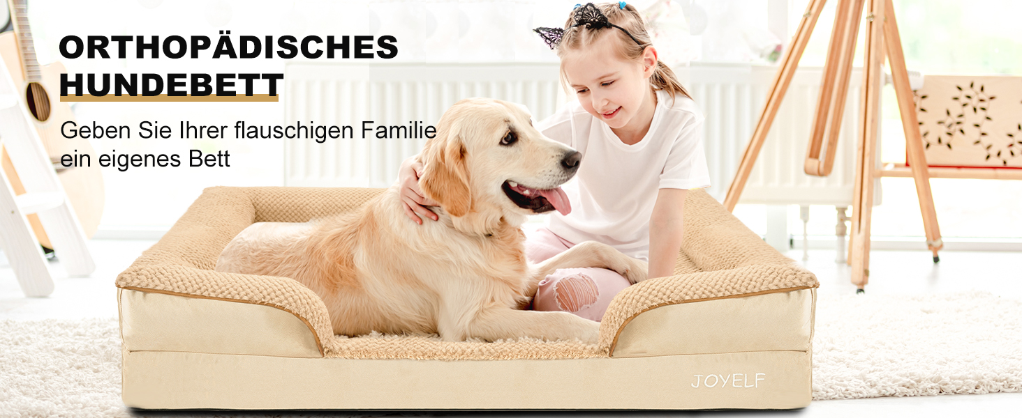 Großes orthopädisches Hundebett mit beiger Plüschpolsterung, deutscher Text, der darauf hinweist, dass es für Haustiere in der Familie konzipiert ist