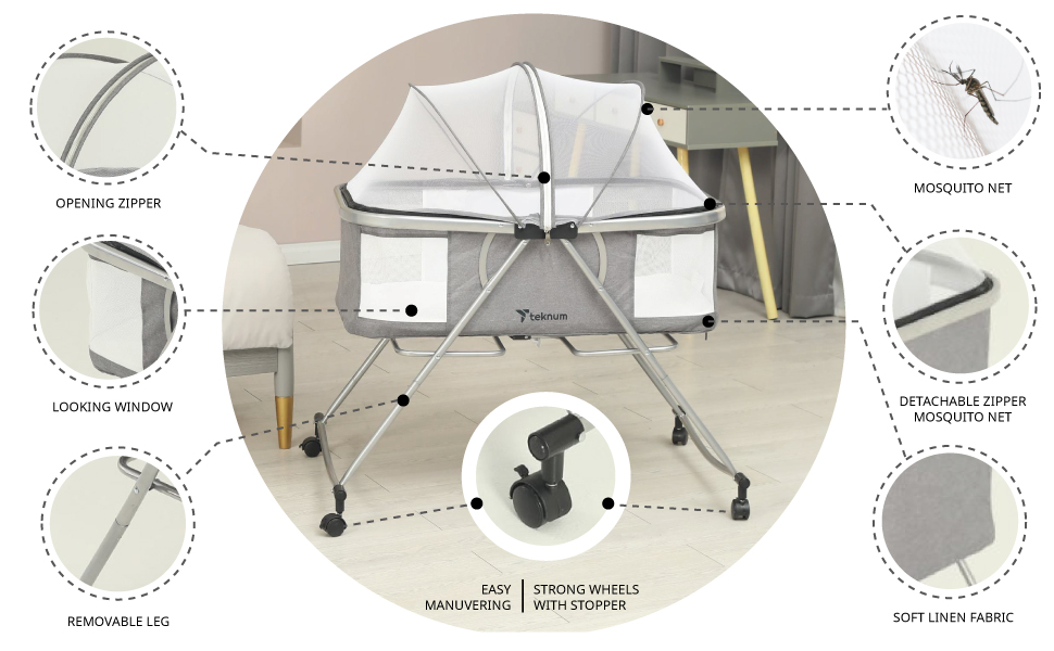 Teknum 3-IN-1 Baby Cot/Cradle w/ Mosquito net & Wheels - Dark Grey