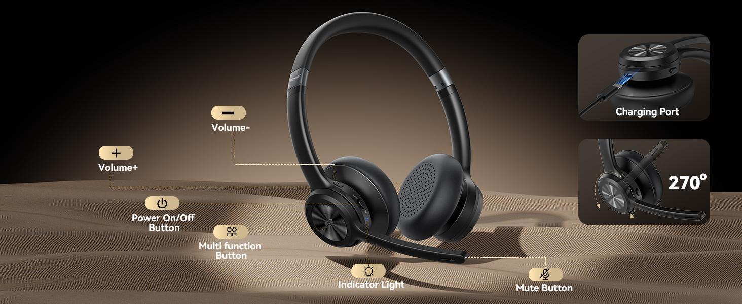 Black wireless headphones with microphone on textured sand background. Features highlighted: 270° rotating microphone, volume control, and charging port.