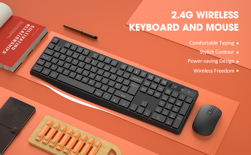 Wireless Keyboard and Mouse Set, Full Size Wireless Keyboard Ergonomic
