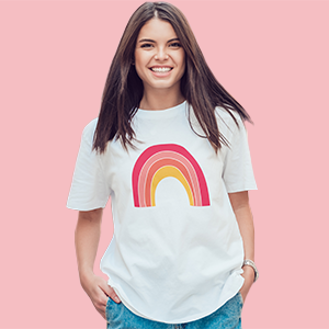 model wearing white shirt with rainbow elly store logo