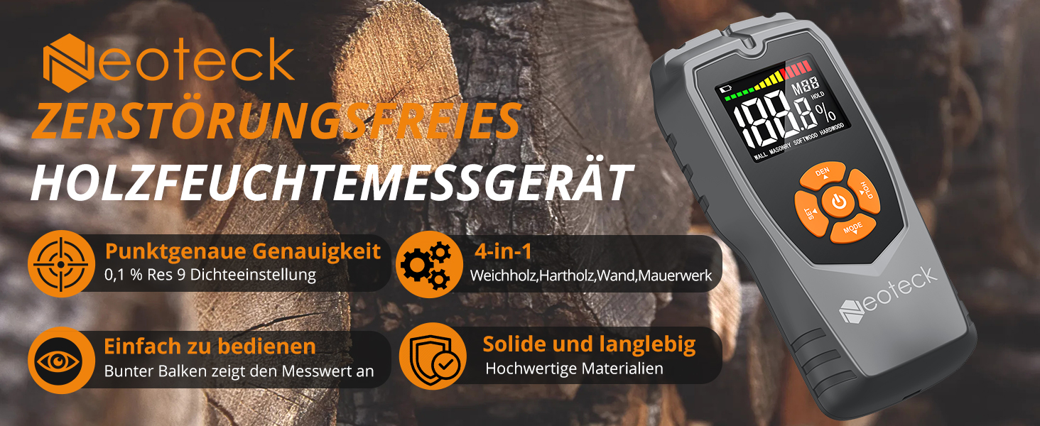 Neoteck Feuchtemessgerät mit Digitalanzeige und orangefarbenen Tasten, das Produktmerkmale wie 4-in-1-Messfähigkeit und präzise Genauigkeit anzeigt