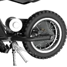 Gros plan sur la béquille rétractable et le cadre en acier du vélo électrique pour enfants MX125