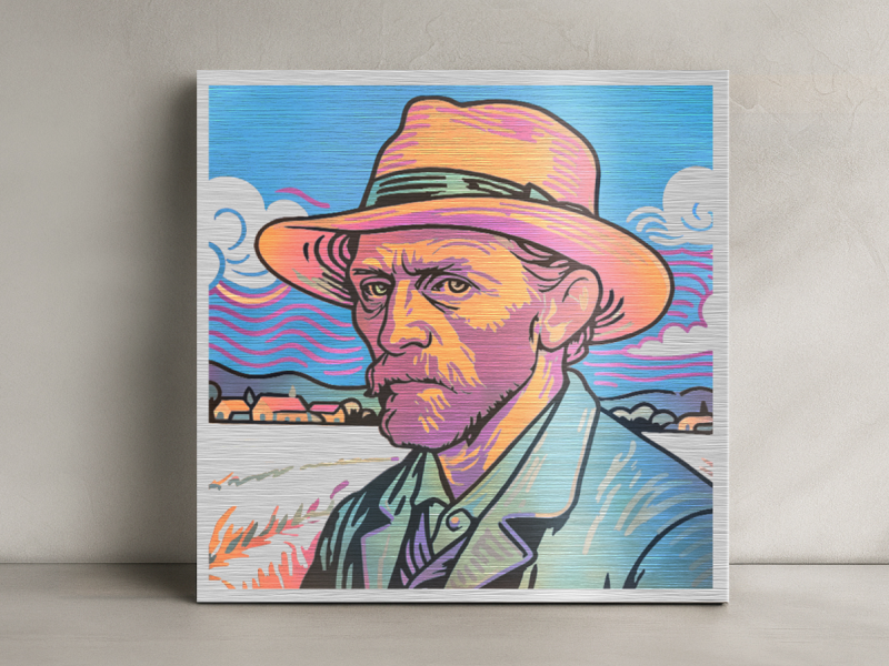 Exposition d'art présentant plusieurs impressions sur toile de style pop art montées sur un mur gris, montrant des interprétations artistiques dans des couleurs vives sur des paysages.