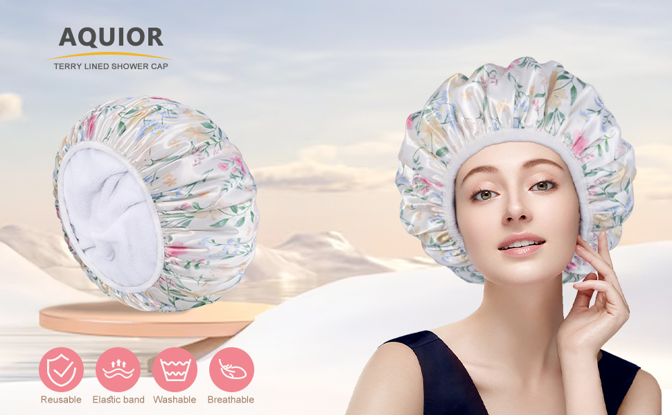 Aquior Shower Cap,Terry Cloth Lined Shower Cap for Women