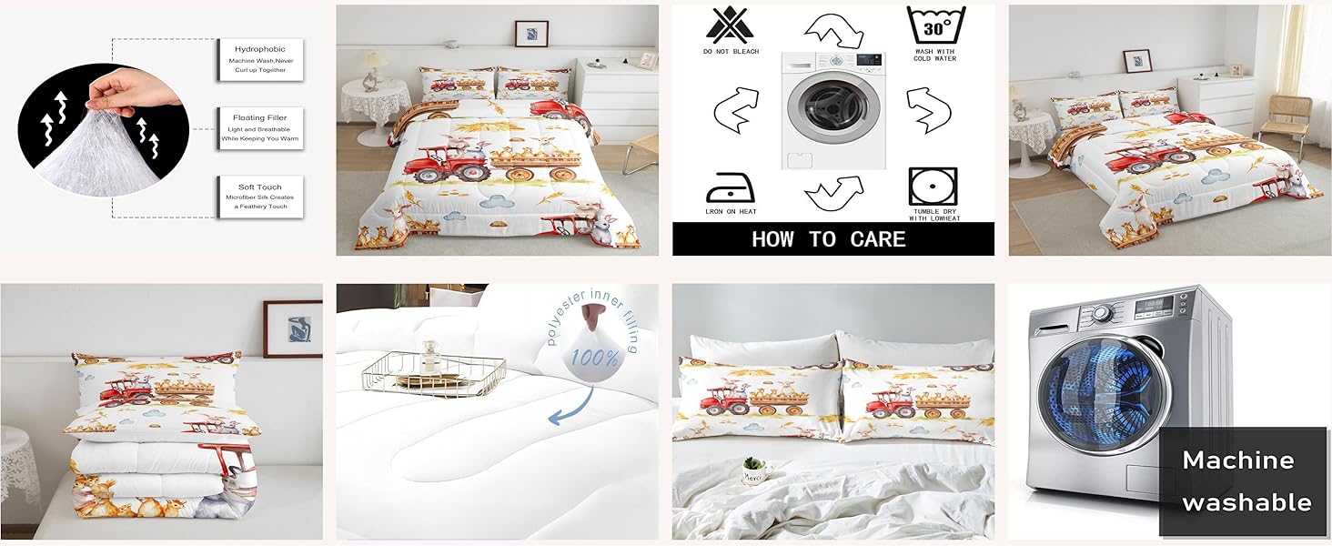 Cute Pig Sheep Horse Chicken Quilted Comforter Blue Clouds Duvet,Retro Watercolor Farmhouse Decor