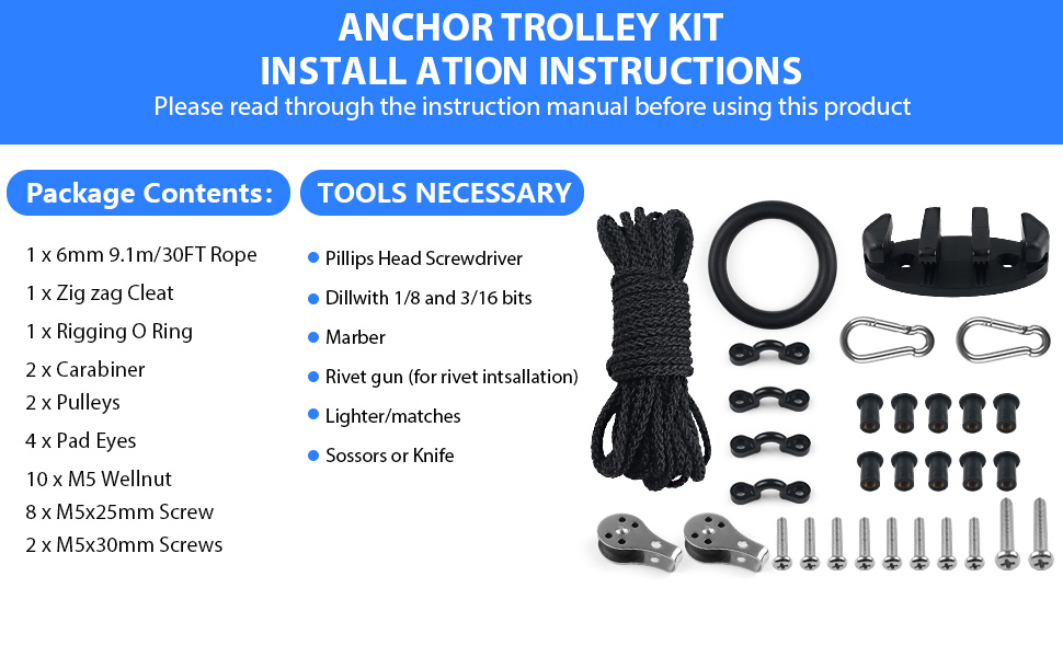 VEITHI Kayak Canoe Anchor Pulley Kit，Trolley Anchor Kit,Anchor Trolley