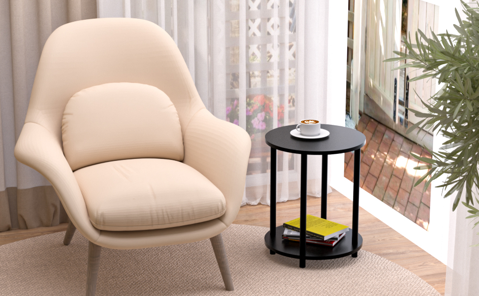 Unihouse Small Round Side Table, 2 Tier Black Wooden End