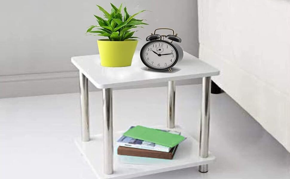 AAMEN Living Room Small White Side Table With Metal Legs 2 Tier White