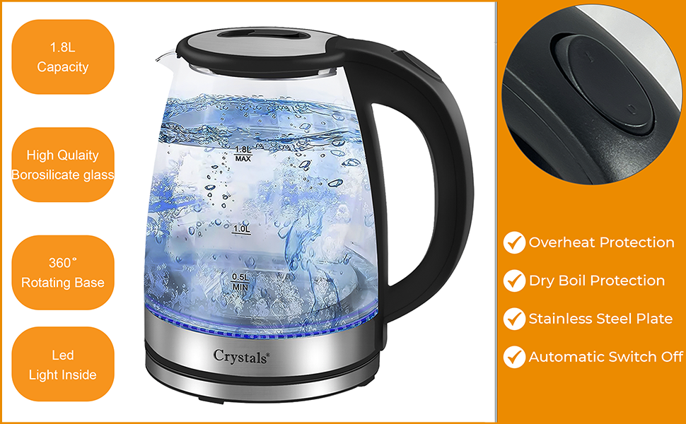 Crystals 1.8L/1500W Glass Electric Kettles, Glass Kettle with Blue LED