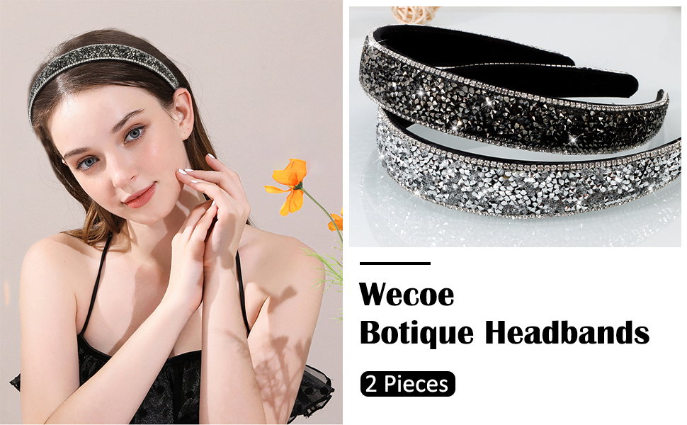 Wecoe 2 Pack Rhinestone Headbands Women Black Silver