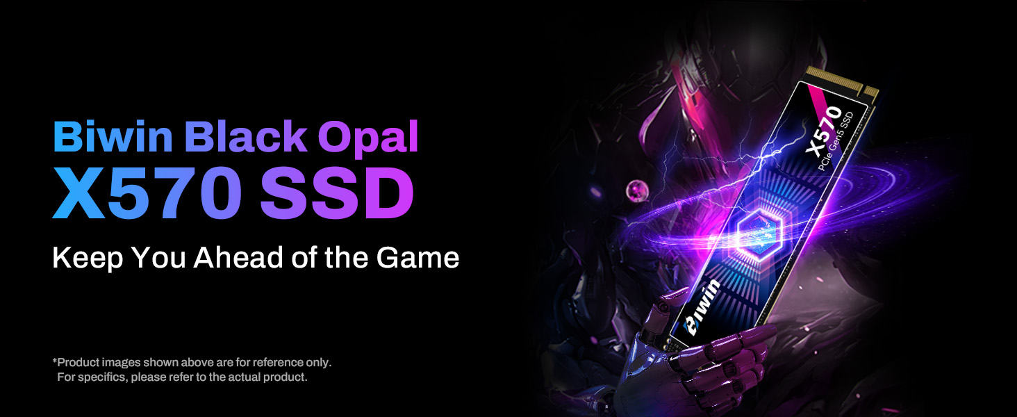 Biwin Black Opal X570 SSD product image with vibrant purple and blue lighting effects. Text reads "Biwin Black Opal X570 SSD" and "Keep You Ahead of the Game".