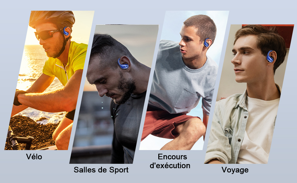 Image de style de vie à quatre panneaux montrant différentes activités : cyclisme, sports, exécution du travail et voyages, avec des libellés en français sous chaque panneau