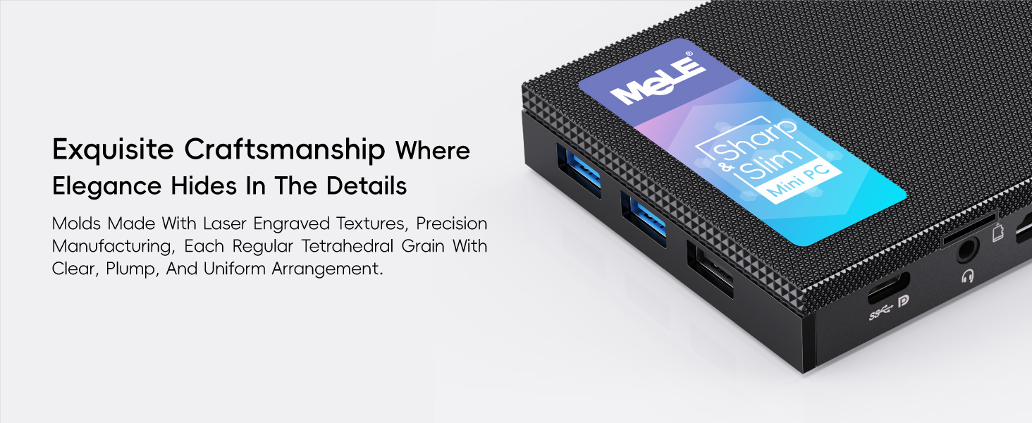 Black rectangular device with textured surface. Blue label on top. Product details mention laser engraving, precision manufacturing, and thermal management.