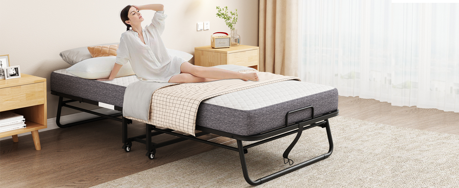 Folding Bed with Mattress 75" x 46" Twin Size Folded Bed, Rollaway Guest Bed
