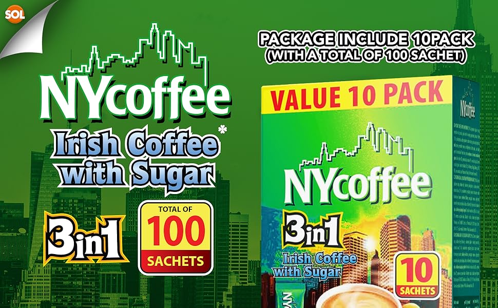 100pk Bulk NY 3 in 1 Coffee Sachets Irish Latte Sachet, Case Pack NY