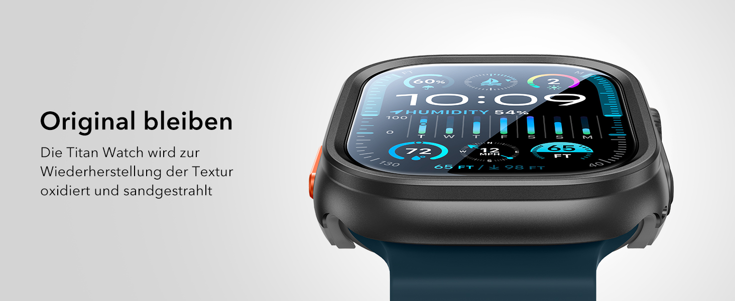 Der Text lautet "Original bleiben". Μοντέρνο Smartwatch mit dunkelblauem Band και quadratischem Digitaldisplay mit Zeitschnittstelle vor hellgrauem Hintergrund.