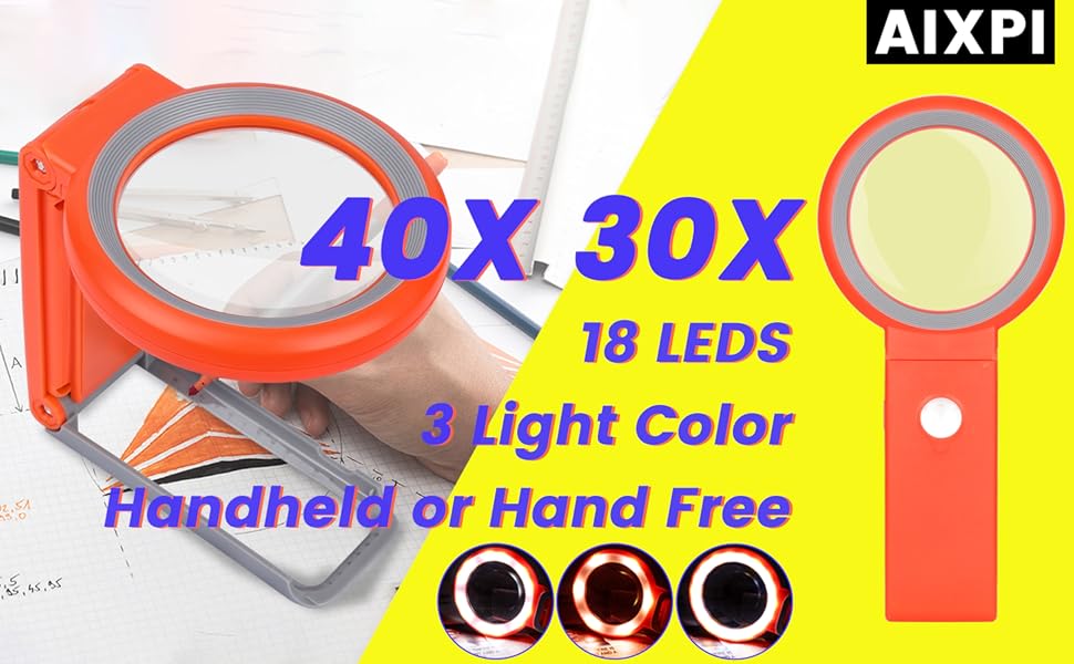 AIXPI 30X 40X Magnifying Glass with Light and Stand, Large