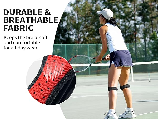 Text reads 'DURABLE & BREATHABLE FABRIC' 'Keeps the brace soft and comfortable for all-day wear'. Athletic setting showing tennis court with circular fabric detail showing red material with black pattern.
