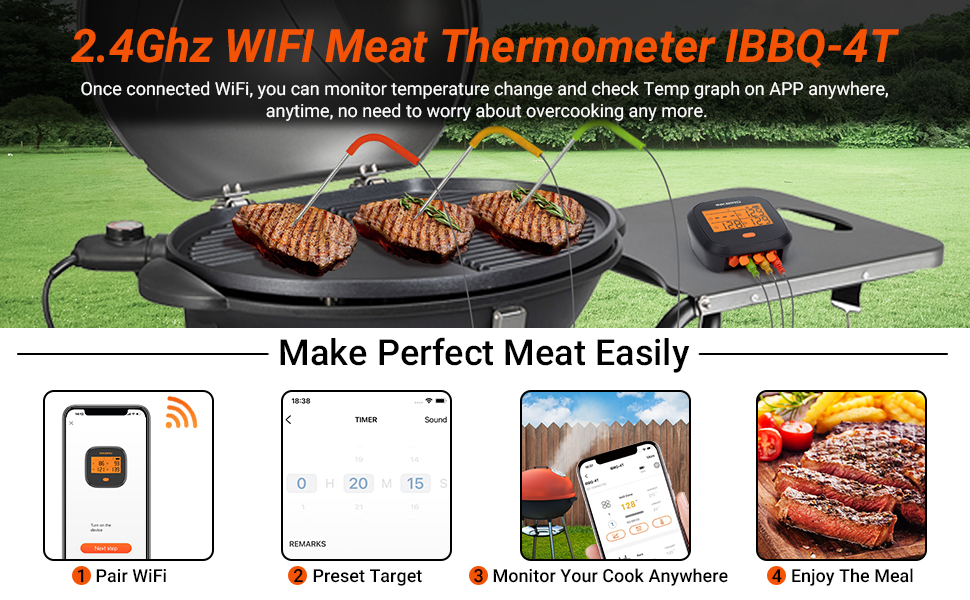 INKBIRD WiFi Wireless Meat Thermometer IBBQ4T, 4 Color Probes