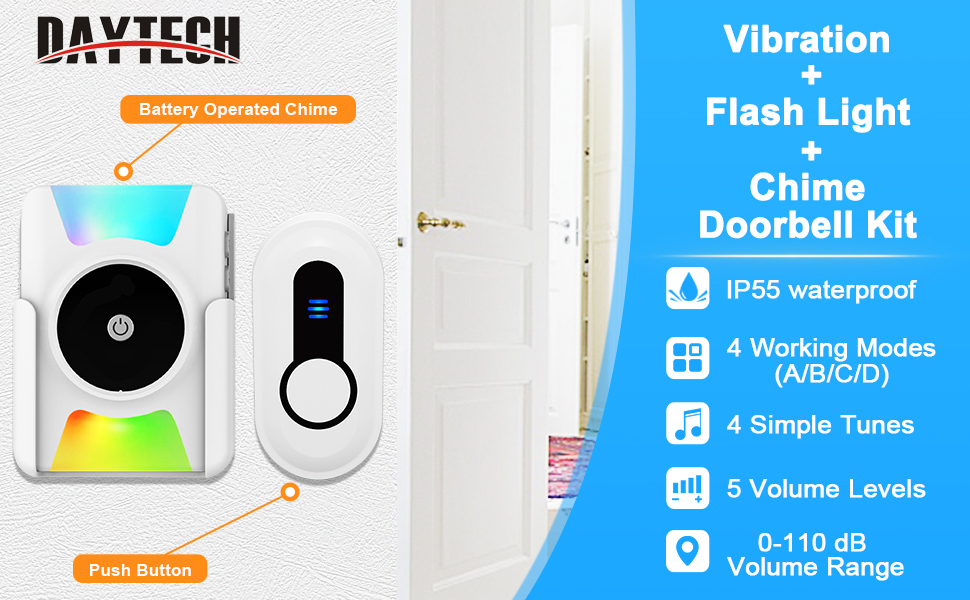 DAYTECH Wireless Doorbell Door Chimes Battery Operated Vibrating LED