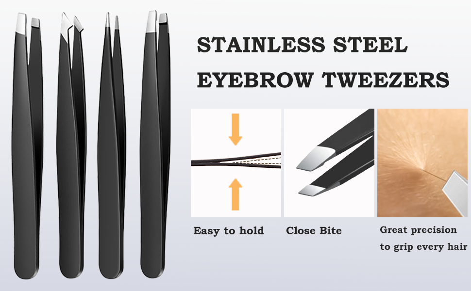 Stainless steel eyebrow tweezers shown in multiple views, featuring precision tips, easy-grip design, and close-bite functionality for precise hair removal.