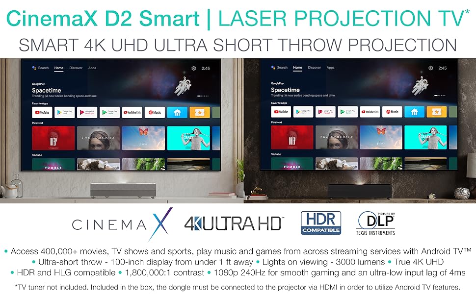 Optoma CinemaX D2 Smart White True 4K UHD Laser Projector for Home