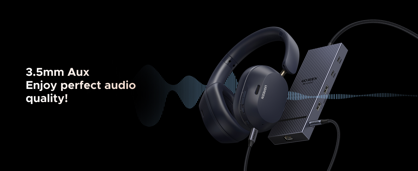 Black over-ear headphones connected to a small rectangular device via 3.5mm aux cable. Text highlights '3.5mm Aux' and 'Enjoy perfect audio quality!'