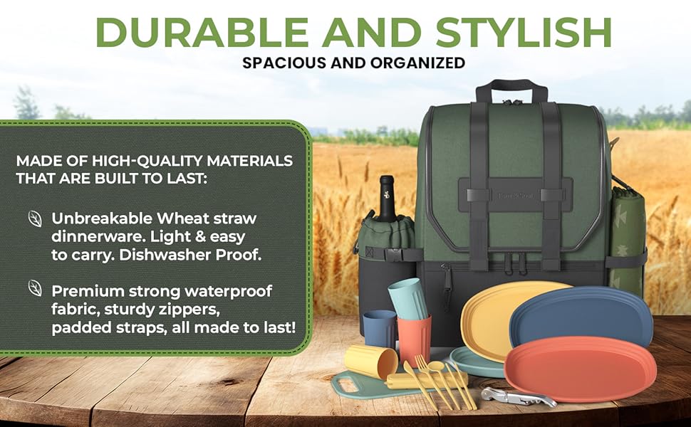 Fern & Soul Picnic Backpack for 4 with Blanket, Cooler Picnic Basket