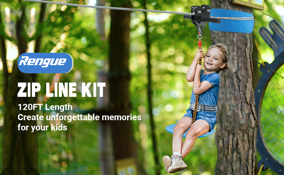 Rengue 120FT Zip Lines for Kids and Adults Outdoor up to