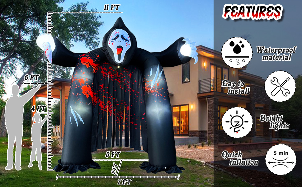 11 FT Halloween Inflatables Archway with Ghost and Buildin LEDs, Blow