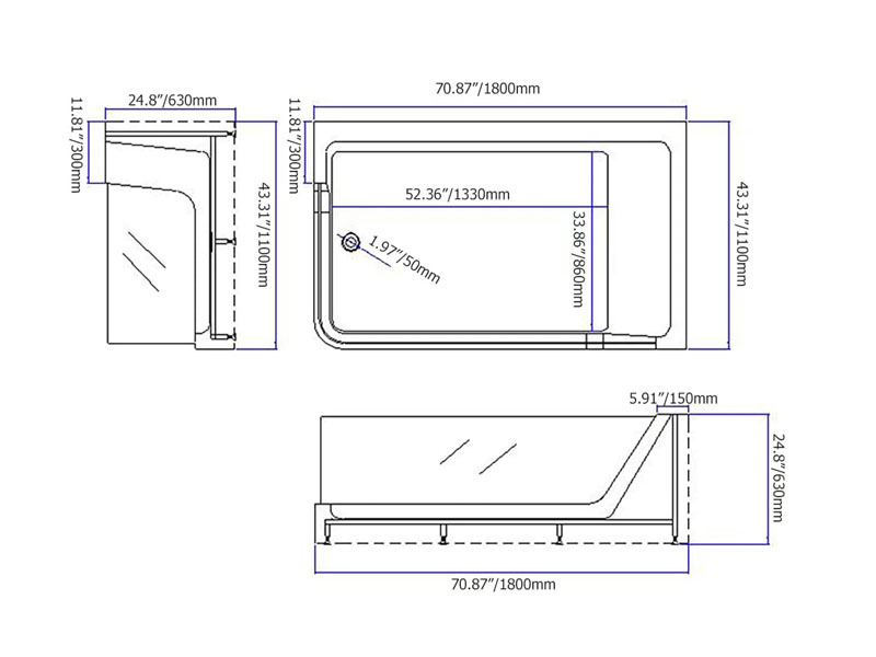 71'' LED Massage Bathtub
