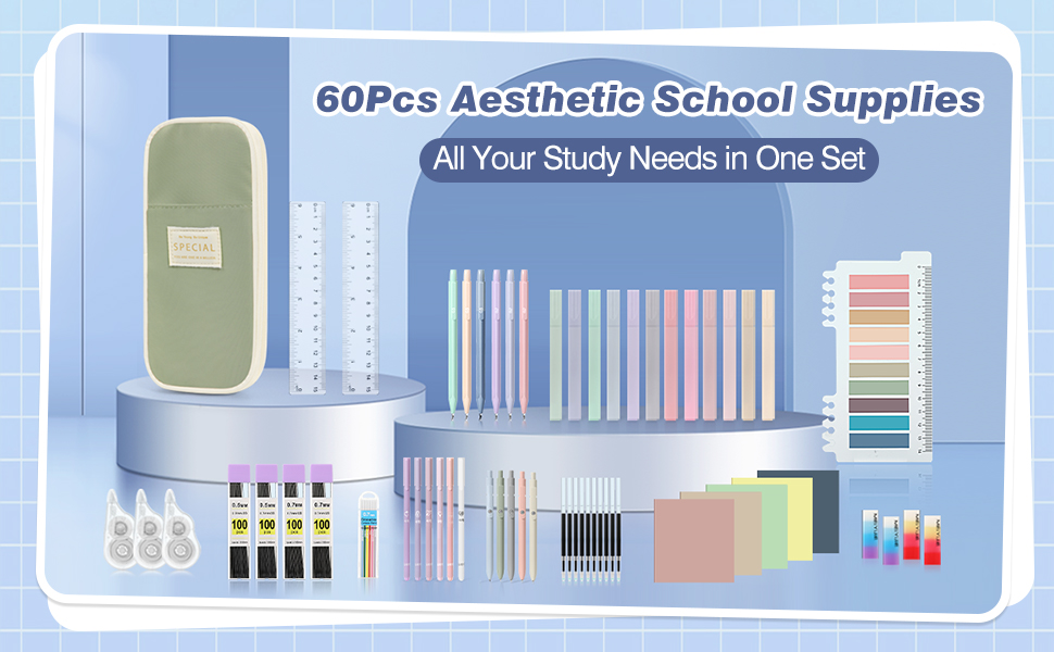 MoKo 60Pcs Aesthetic School Supplies with Cute Pencil Case