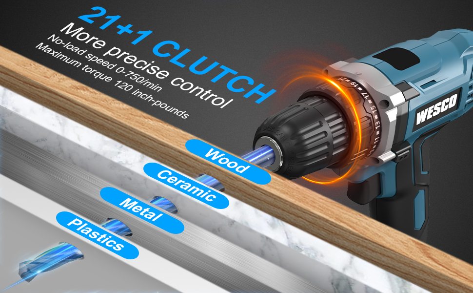 WESCO Cordless Drill Combo Kit 21+1 Torque Setting Cordless Drill Set, Power Drill