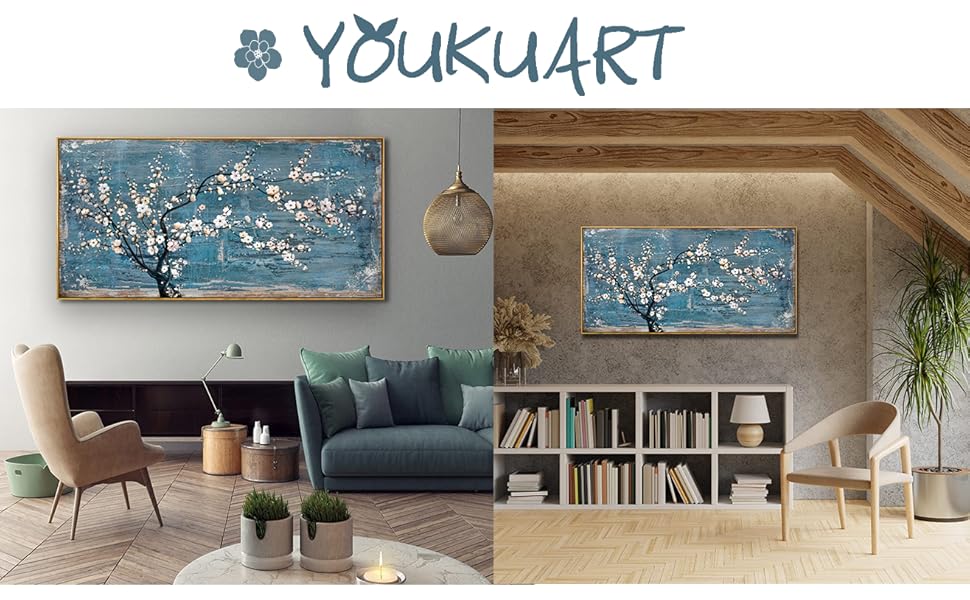 Framed Wall Art for Living Room Teal Plum Blossom Canvas Wall Pictures