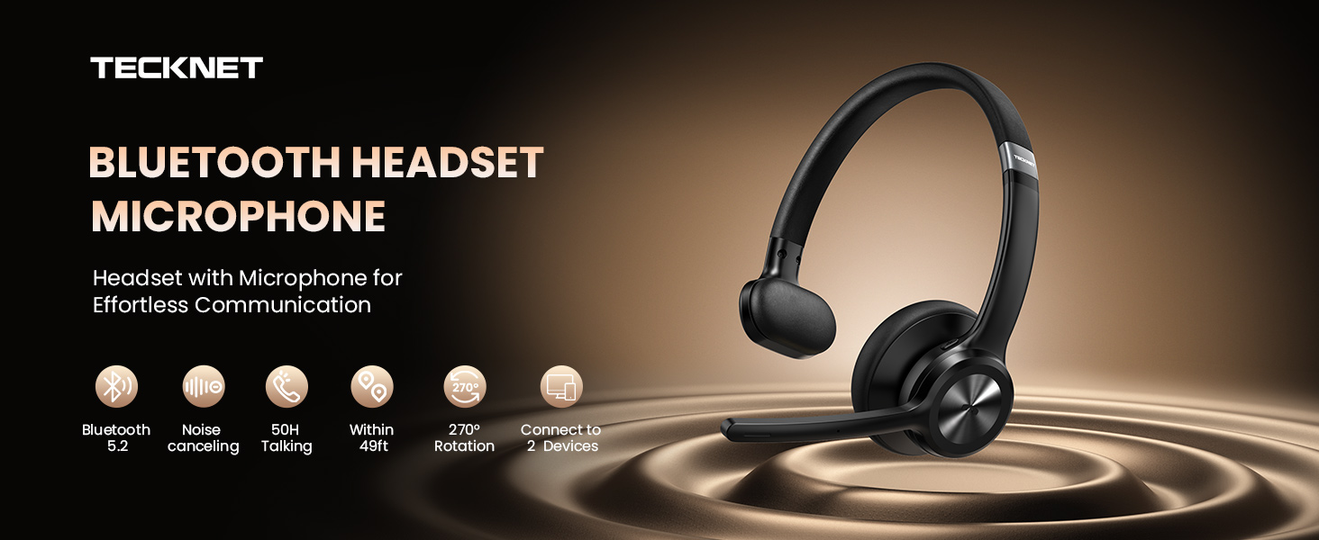 Text reads 'TECKNET BLUETOOTH HEADSET MICROPHONE'. Professional black wireless headset with boom microphone displayed against warm brown gradient background.