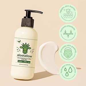 tallow and aloe vera lotion for sunburn relief, deep hydration and tan extending