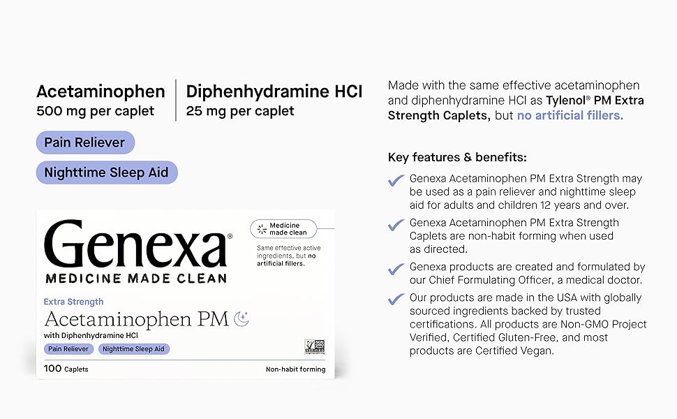 Genexa Acetaminophen PM 500mg Extra Strength for Adults