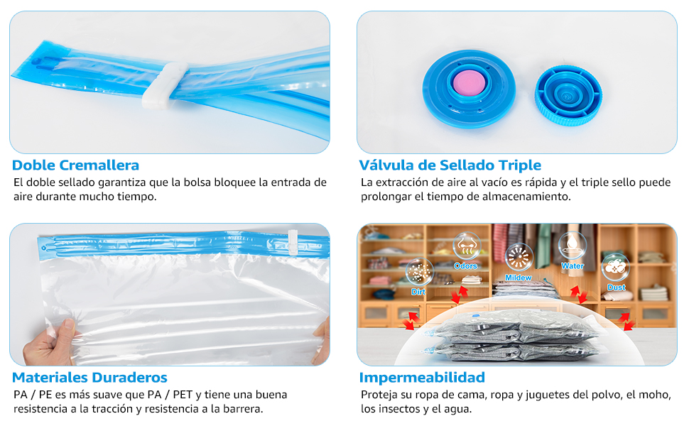 Imagen compuesta que muestra las características de la bolsa de almacenamiento de alimentos: sello de doble cremallera, sello de triple válvula, materiales duraderos (PA/PE) y protección impermeable. Demuestra su capacidad de sellado y almacenamiento.