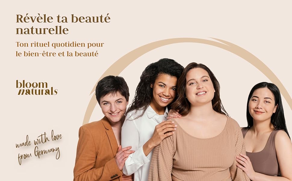 Le texte indique « Révélez la beauté naturelle » et « Bloom natural ». Collection d'images marketing dans des tons beiges chauds montrant diverses scènes de style de vie.