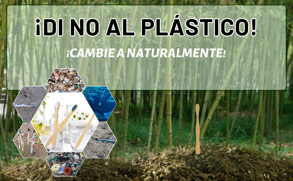 un póster que muestra una imagen de un bosque de bambú con un letrero que dice ``sin plástico».