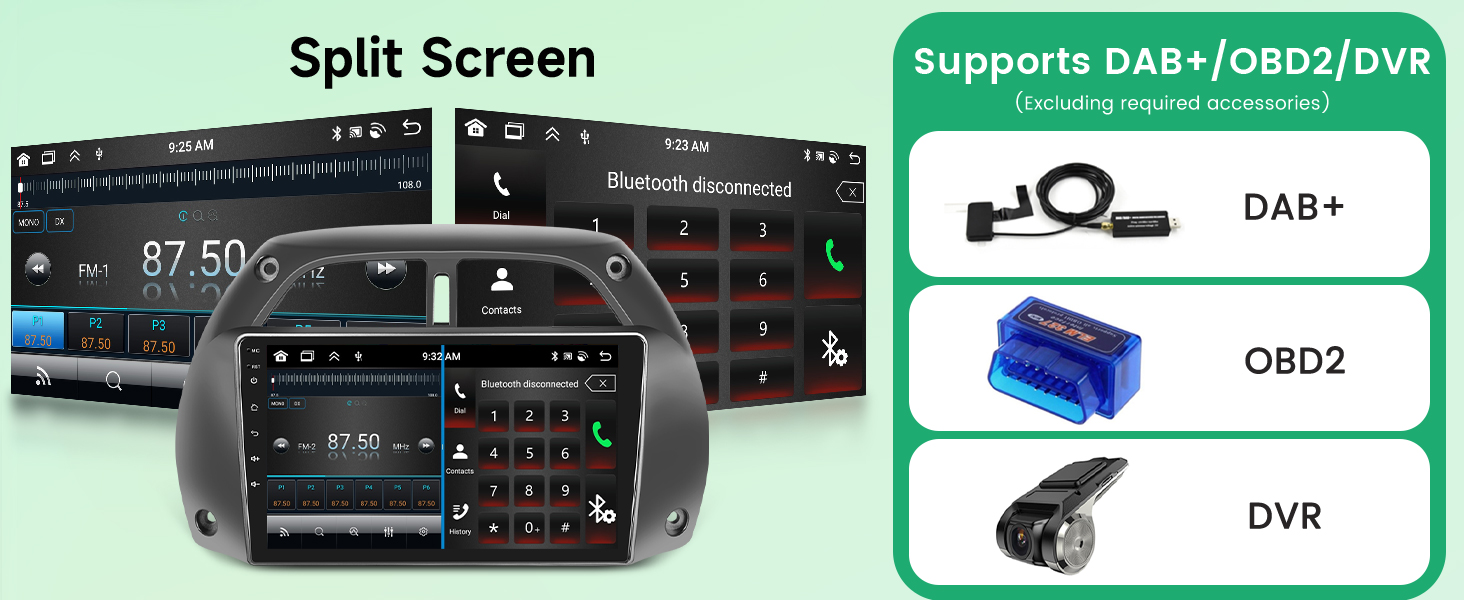 para automóviles con capacidad de pantalla dividida, que muestra las interfaces multimedia y de navegación. Soporta las funcionalidades DAB+, OBD2