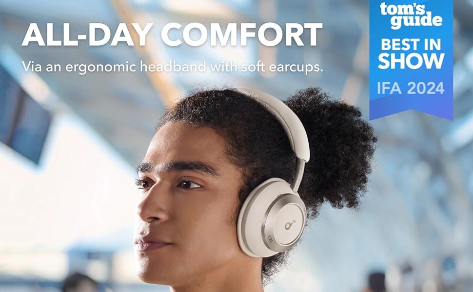 Text reads 'ALL-DAY COMFORT' and 'Forbes' along with 'CES TECH SHOW IFA 2024'. Person wearing white over-ear headphones and white/black collar shirt.