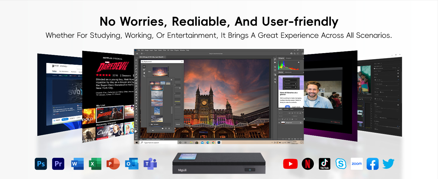 Wide monitor displaying multiple software interfaces, including photo editing and video conferencing. Below are icons for various applications and social media platforms.